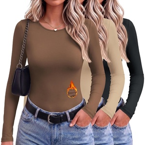image:image3 Pack Womens Thermal Underwear Shirts Micro Fleece Long Sleeve Tops  Fitted Going Out TeesBasic Warm UndershirtsLightweight Fall TShirtsSoft Crew Neck OutfitsCompression Casual TeesBlackBrownKhaki