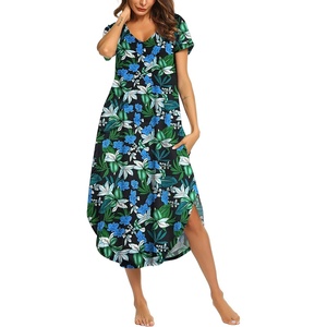 image:imageEkouaer Long Nightgowns for Women V Neck Moo Moos House Dress with Pockets  Short Sleeve Sleep Shirt Side Split Night Shirt Plus Size Lounge Dress Pullover Sleepwear Sleep Casual Daily Wear HomeDark Green Floral