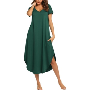 image:imageEkouaer Long Nightgowns for Women V Neck Moo Moos House Dress with Pockets  Short Sleeve Sleep Shirt Side Split Night Shirt Plus Size Lounge Dress Pullover Sleepwear Sleep Casual Daily Wear HomeDark Green