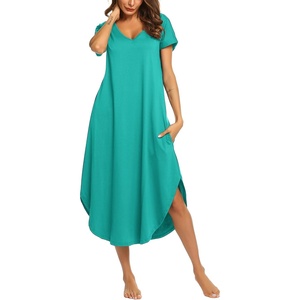 image:imageEkouaer Long Nightgowns for Women V Neck Moo Moos House Dress with Pockets  Short Sleeve Sleep Shirt Side Split Night Shirt Plus Size Lounge Dress Pullover Sleepwear Sleep Casual Daily Wear HomeAqua Green