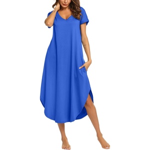 image:imageEkouaer Long Nightgowns for Women V Neck Moo Moos House Dress with Pockets  Short Sleeve Sleep Shirt Side Split Night Shirt Plus Size Lounge Dress Pullover Sleepwear Sleep Casual Daily Wear HomeSnorkel Blue