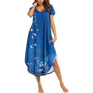 image:imageEkouaer Long Nightgowns for Women V Neck Moo Moos House Dress with Pockets  Short Sleeve Sleep Shirt Side Split Night Shirt Plus Size Lounge Dress Pullover Sleepwear Sleep Casual Daily Wear HomeRoyalblue Floral