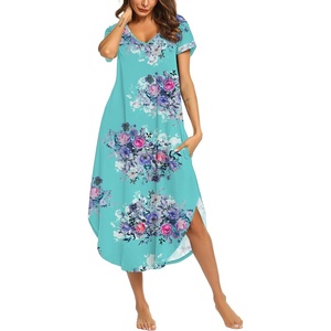 image:imageEkouaer Long Nightgowns for Women V Neck Moo Moos House Dress with Pockets  Short Sleeve Sleep Shirt Side Split Night Shirt Plus Size Lounge Dress Pullover Sleepwear Sleep Casual Daily Wear HomeFlower Blue