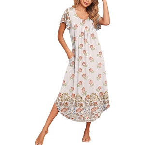 image:imageEkouaer Long Nightgowns for Women with Pockets Short Sleeves House Dresses  Pleated Moomoo Dresses Crew Neck Casual Maxi Dress Full Length Loungewear Plus Size Night Gowns for Casual TimeBohemian Flowers
