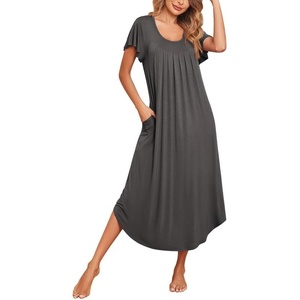 image:imageEkouaer Long Nightgowns for Women with Pockets Short Sleeves House Dresses  Pleated Moomoo Dresses Crew Neck Casual Maxi Dress Full Length Loungewear Plus Size Night Gowns for Casual TimeDrak Grey