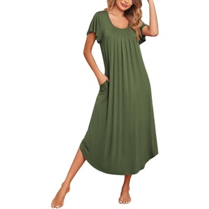 image:imageEkouaer Long Nightgowns for Women with Pockets Short Sleeves House Dresses  Pleated Moomoo Dresses Crew Neck Casual Maxi Dress Full Length Loungewear Plus Size Night Gowns for Casual TimeArmy Green