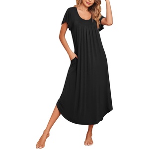 image:imageEkouaer Long Nightgowns for Women with Pockets Short Sleeves House Dresses  Pleated Moomoo Dresses Crew Neck Casual Maxi Dress Full Length Loungewear Plus Size Night Gowns for Casual TimeBlack