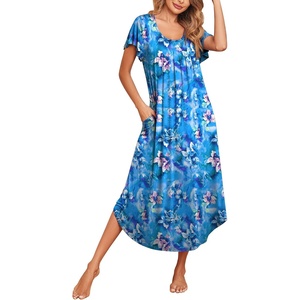 image:imageEkouaer Long Nightgowns for Women with Pockets Short Sleeves House Dresses  Pleated Moomoo Dresses Crew Neck Casual Maxi Dress Full Length Loungewear Plus Size Night Gowns for Casual TimeBlue Flowers