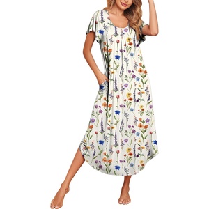 image:imageEkouaer Long Nightgowns for Women with Pockets Short Sleeves House Dresses  Pleated Moomoo Dresses Crew Neck Casual Maxi Dress Full Length Loungewear Plus Size Night Gowns for Casual TimeWhite Flowers