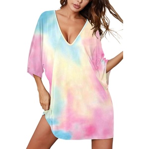 image:imageEkouaer Nightgowns for Women Deep V Neck Sleep Shirt Oversized Night Shirt  Short Sleeve Sleep Dress Plus Size Sleepwear Sexy Boyfriend Loungewear Ladies Soft Night Dress Home Daily Wear SeasideBlue Pink Tie Dye