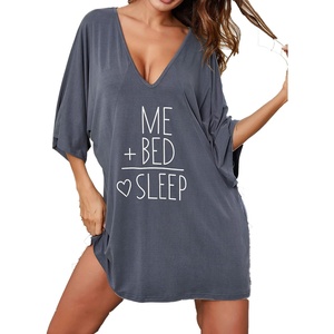 image:imageEkouaer Nightgowns for Women Deep V Neck Sleep Shirt Oversized Night Shirt  Short Sleeve Sleep Dress Plus Size Sleepwear Sexy Boyfriend Loungewear Ladies Soft Night Dress Home Daily Wear SeasideGrey Letters