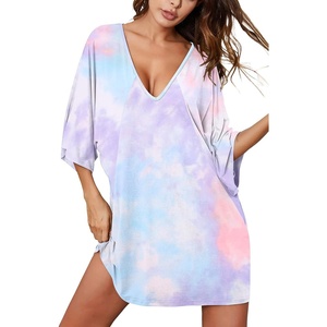 image:imageEkouaer Nightgowns for Women Deep V Neck Sleep Shirt Oversized Night Shirt  Short Sleeve Sleep Dress Plus Size Sleepwear Sexy Boyfriend Loungewear Ladies Soft Night Dress Home Daily Wear SeasideBlue Purple Tie Dye
