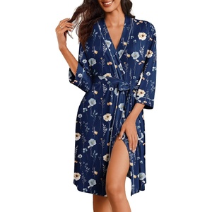 image:imageEkouaer Robes for Women 34 Sleeve Knee Length Bathrobe with Pockets  Lightweight KimonoSleepwearSoftComfyFloral PrintHouse CoatFloral Navy