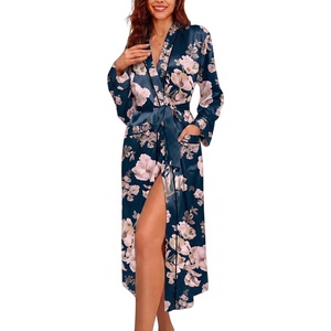 image:imageEkouaer Satin Robes for Women Long Sleeve Silk Bathrobe Soft Lightweight Full Length Sleepwear Bridesmaid Wedding Party RobesBlack Pink Floral