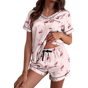 image:imageEkouaer Silk Pajama for Women Short Sleeve Satin Pj Set Two Piece XSXXL  loungewear or daily wearValentines Day Bridal Party Honeymoon Vacation and Anniversaries Gift walkingenjoying coffeeFlamingo