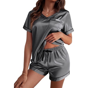image:imageEkouaer Silk Pajama for Women Short Sleeve Satin Pj Set Two Piece XSXXL  loungewear or daily wearValentines Day Bridal Party Honeymoon Vacation and Anniversaries Gift walkingenjoying coffeeDark Grey
