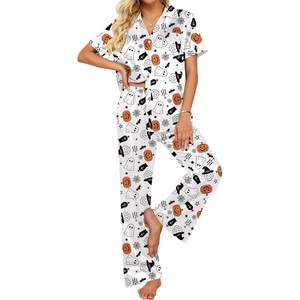 image:imageEkouaer Silk Pajamas for Womens Set 2 Piece Fall Pjs Button Down Sleepwear  Satin Soft Sleep Set Short Sleeve Tops Wide Leg Long Pants with Pockets Classic Lounge SetWhitehalloween