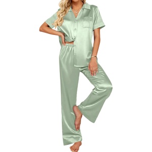 image:imageEkouaer Silk Pajamas for Womens Set 2 Piece Fall Pjs Button Down Sleepwear  Satin Soft Sleep Set Short Sleeve Tops Wide Leg Long Pants with Pockets Classic Lounge SetLight Green