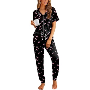 image:imageEkouaer Women Pajama Set Short Sleeve Button Down Pjs with Jogger Pants  Soft Comfy Sleepwear Nightwear2 Piece Lounge Set with PocketsBlack Cherry