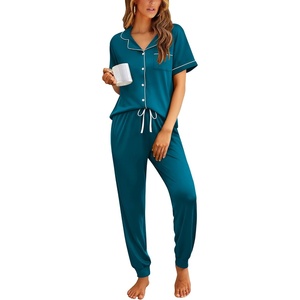 image:imageEkouaer Women Pajama Set Short Sleeve Button Down Pjs with Jogger Pants  Soft Comfy Sleepwear Nightwear2 Piece Lounge Set with PocketsBlue Green