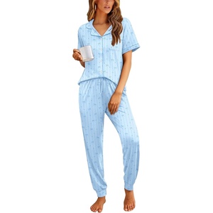 image:imageEkouaer Women Pajama Set Short Sleeve Button Down Pjs with Jogger Pants  Soft Comfy Sleepwear Nightwear2 Piece Lounge Set with PocketsBlue Stripe Bow