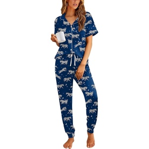 image:imageEkouaer Women Pajama Set Short Sleeve Button Down Pjs with Jogger Pants  Soft Comfy Sleepwear Nightwear2 Piece Lounge Set with PocketsBlue Zebra