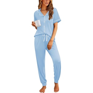 image:imageEkouaer Women Pajama Set Short Sleeve Button Down Pjs with Jogger Pants  Soft Comfy Sleepwear Nightwear2 Piece Lounge Set with PocketsLight Blue