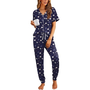 image:imageEkouaer Women Pajama Set Short Sleeve Button Down Pjs with Jogger Pants  Soft Comfy Sleepwear Nightwear2 Piece Lounge Set with PocketsNavy Blue Teddy