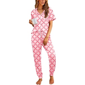 image:imageEkouaer Women Pajama Set Short Sleeve Button Down Pjs with Jogger Pants  Soft Comfy Sleepwear Nightwear2 Piece Lounge Set with PocketsPink Plaid