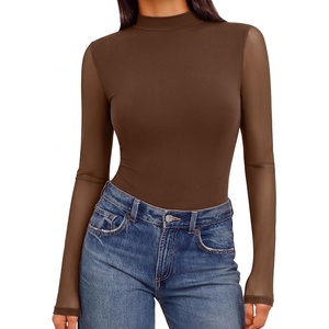 image:imageEkouaer Womens Mesh Long Sleeve Tops Fall Fashion Mock Neck Slim Fit Shirts  Mock Turtleneck Floral Pattern Sheer Tulle Night Out Clothes Stretchy See Though Outfits Sexy Thermal BlousesBrown