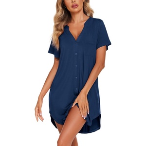 image:imageEkouaer Womens Nightgown V Neck Button Down Sleepshirts Soft Sleepdress  Soft Loose Sleep Shirt with Split Hem for Sleep Lounging Labor Maternity Hospital and Relaxed Nursing Access at HomeNavy Blue