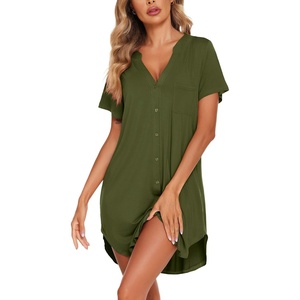 image:imageEkouaer Womens Nightgown V Neck Button Down Sleepshirts Soft Sleepdress  Soft Loose Sleep Shirt with Split Hem for Sleep Lounging Labor Maternity Hospital and Relaxed Nursing Access at HomeArmy Green
