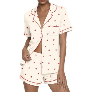 image:imageEkouaer Womens Pajama Sets Button Up Pjs 2 Piece Short Sleeve Sleepwear  soft fabric for wedding date night bridal party for maternity elastic waistLight Yellow With Cherry
