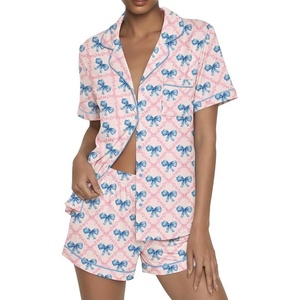 image:imageEkouaer Womens Pajama Sets Button Up Pjs 2 Piece Short Sleeve Sleepwear  soft fabric for wedding date night bridal party for maternity elastic waistLight Pink Blue Bow