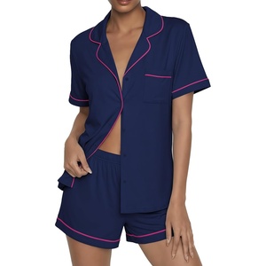 image:imageEkouaer Womens Pajama Sets Button Up Pjs 2 Piece Short Sleeve Sleepwear  soft fabric for wedding date night bridal party for maternity elastic waistNavy Blue