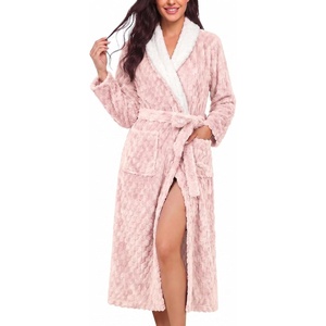 image:imageEkouaer Womens Robe Long Winter Plush Jacquard Bathrobe with Pockets SXXL  Jacquard fabric Color block Shawl collar Long length Plush Fuzzy Fluffy Fleece Thick Sleepwear Winter Lounge wearC Pink