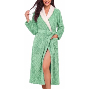 image:imageEkouaer Womens Robe Long Winter Plush Jacquard Bathrobe with Pockets SXXL  Jacquard fabric Color block Shawl collar Long length Plush Fuzzy Fluffy Fleece Thick Sleepwear Winter Lounge wearGrey Green