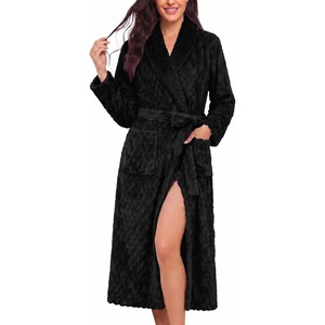 image:imageEkouaer Womens Robe Long Winter Plush Jacquard Bathrobe with Pockets SXXL  Jacquard fabric Color block Shawl collar Long length Plush Fuzzy Fluffy Fleece Thick Sleepwear Winter Lounge wearBlack