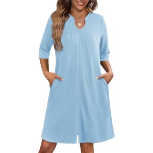 image:imageEkouaer Zipper Robes for Women 34 Sleeve Waffle Knit Bathrobe Lightweight Short Housecoat with Pockets Soft LoungewearClear Blue