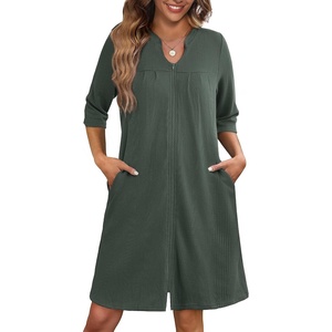 image:imageEkouaer Zipper Robes for Women 34 Sleeve Waffle Knit Bathrobe Lightweight Short Housecoat with Pockets Soft LoungewearDark Green