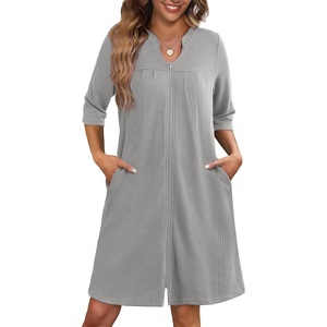 image:imageEkouaer Zipper Robes for Women 34 Sleeve Waffle Knit Bathrobe Lightweight Short Housecoat with Pockets Soft LoungewearLight Gray