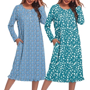 image:imageEkouaer 2 Pack Womens Long Sleeve Nightgown with Pockets Mumu DressesBlue FloralBlue Green Floral
