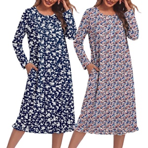 image:imageEkouaer 2 Pack Womens Long Sleeve Nightgown with Pockets Mumu DressesDark Blue FloralBrown Floral