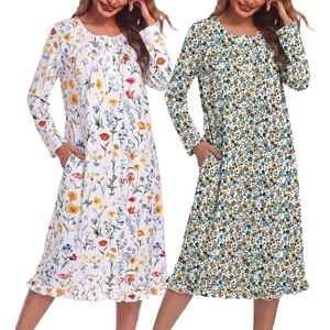 image:imageEkouaer 2 Pack Womens Long Sleeve Nightgown with Pockets Mumu DressesWhite FloralYellow Floral