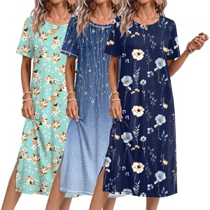 image:imageEkouaer 3 Pack Long Nightgowns for Women Split Hem SleepshirtNavy Blue FloralCyan VineLight Green Floral