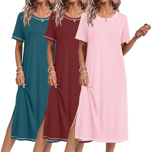 image:imageEkouaer 3 Pack Long Nightgowns for Women Split Hem SleepshirtPinkWine RedBlue Green