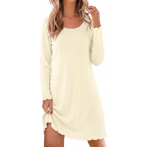 image:imageEkouaer Long Sleeve Nightgowns for Women Cute Fleece Ribbed Sleep DressBeige