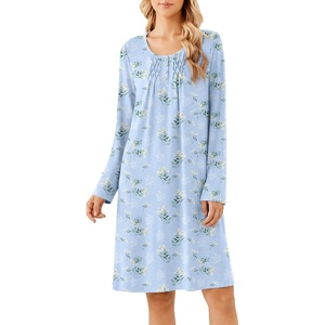 image:imageEkouaer Long Sleeve Nightgowns for Women Soft Knit House Dress SleepshirtsLight Blue Flower