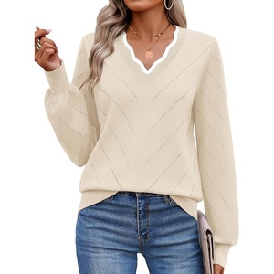 image:imageEkouaer Womens Fall V Neck Sweaters Knit Lightweight Long Sleeve Tops 2026Apricot