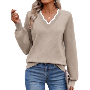 image:imageEkouaer Womens Fall V Neck Sweaters Knit Lightweight Long Sleeve Tops 2026Light Khaki